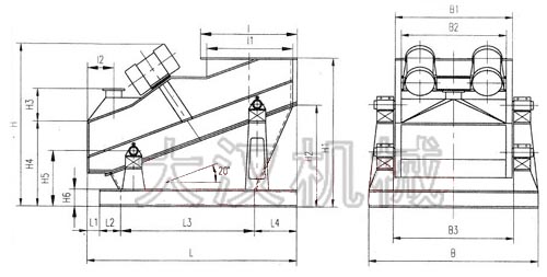 ZSG礦用振動(dòng)篩外形示意圖：B為礦用振動(dòng)篩寬度，L為礦用振動(dòng)篩長(zhǎng)度。H為礦用振動(dòng)篩高度等。