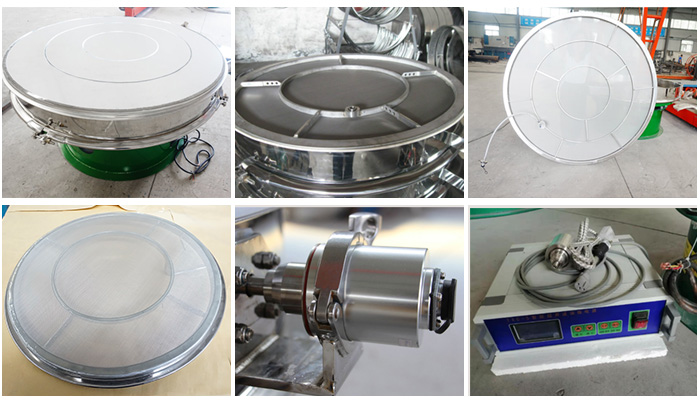 超聲波旋振篩網架，篩框，超聲波換能器，超聲波電源等細節展示。