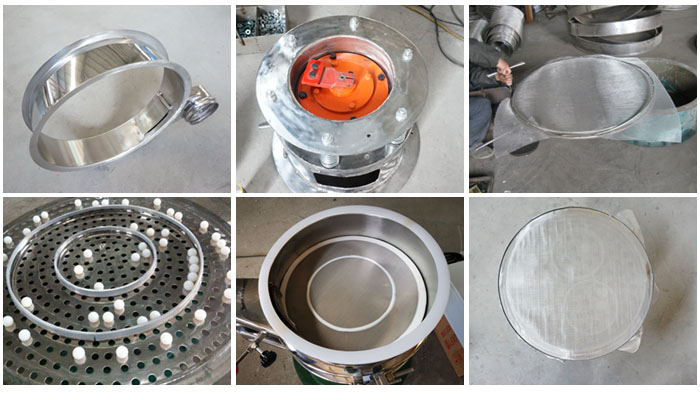 不銹鋼小型振動篩細節：振動篩篩框，振動電機座，篩網，彈跳球，密封圈，篩網網架。